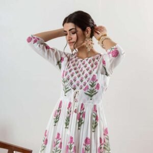Women's Cotton Floral Printed Long Anarkali Kurti with Pant and Dupatta