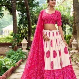 White Dola Silk Lehenga Choli with Pink Blouse | Bandhej & Patola Print | Wedding & Festive Wear