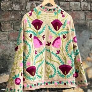 Womens Light Beige Velvet Embroidered Jacket with Floral Design