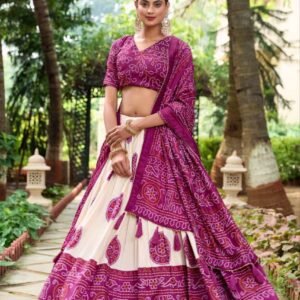 White Dola Silk Lehenga Choli with Purple Blouse & Dupatta | Bandhej & Patola Print | Wedding & Festive Wear
